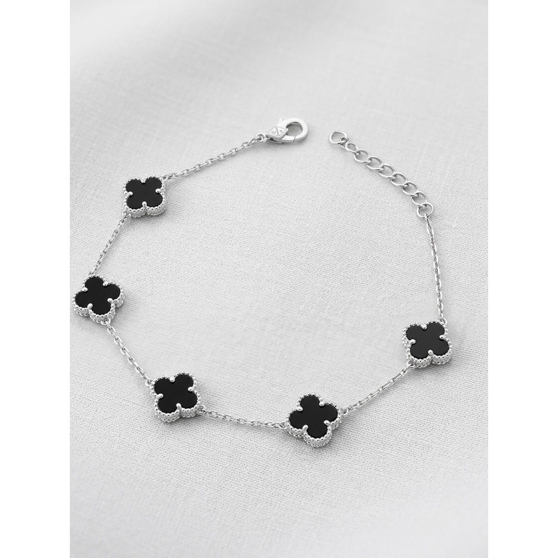 Sterling Silver Black Onyx Clover Bracelet Dainty Adjustable Chain, Lucky Charm